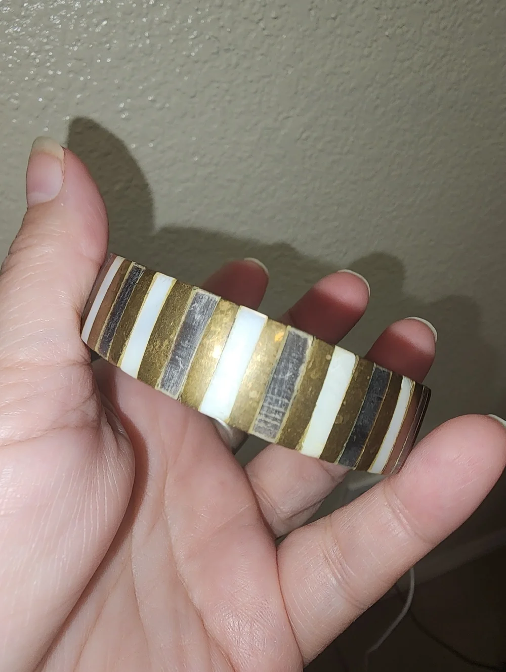 Vintage Mother Of Pearl And Brass Bangle Bracelet